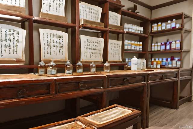 Realistic, empty desktop, 45-degree diagonal downward, ultra-fine, complex background, complex elements, traditional Chinese medicine elements, ancient Chinese style, traditional Chinese pharmacy background