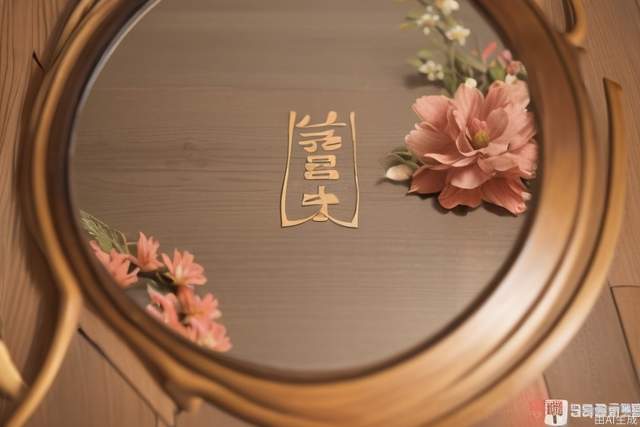 Wooden Table Close-up, wooden table on table in front ofa room with flowers, in the style of song dynasty, videoglitches, mirror, precise, detailed architecture paintingsbokeh, dark gray and bronze, clean lines, pure forms