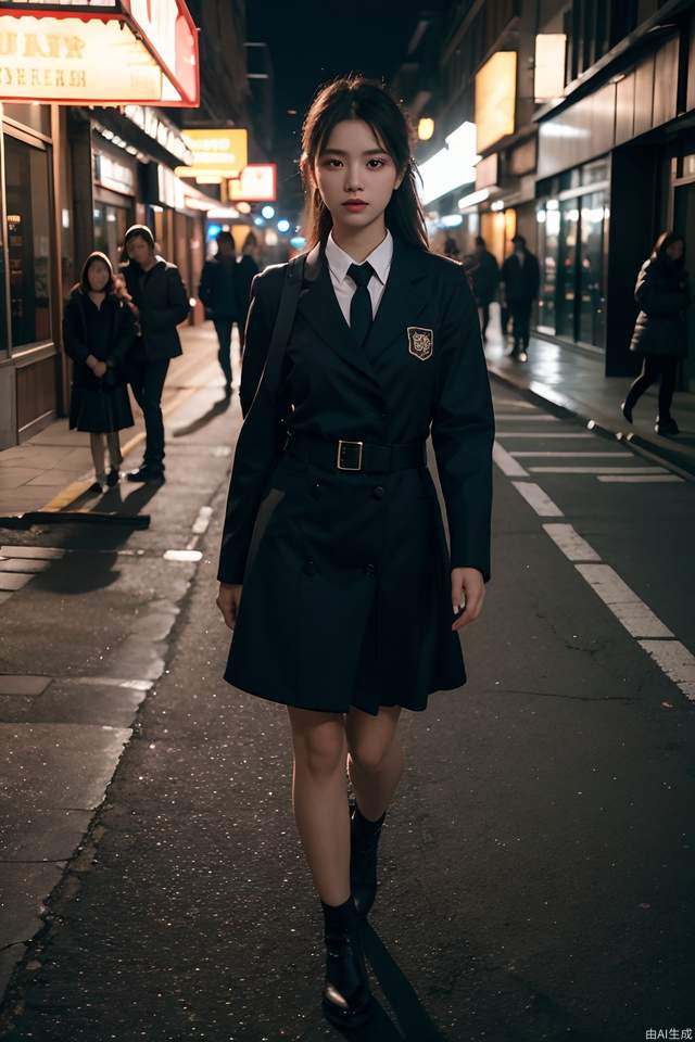 RAW photo, 4k, realistic, exquisite detail skin), masterpiece, best quality, uniform 8k wallpaper, ultra-detail, cinematic look, natural skin texture, extremely realistic skin texture, fine detail face, (film grain: 1.2), film angle, Fuji XT3, (high detail), (night scene), (street corner), (1 girl), (detail lighting), (contrast), (mysterious atmosphere), vivid lighting,,, superb technique, harmonious composition,, immersive atmosphere, stunning visual effects, full body shot, open