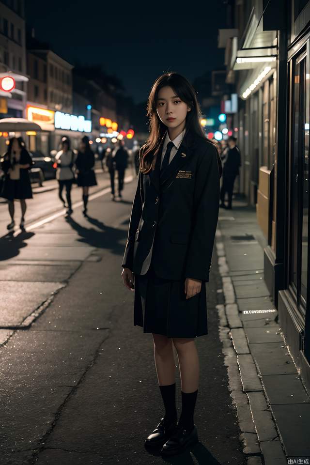 RAW photo, 4k, realistic, exquisite detail skin), masterpiece, best quality, uniform 8k wallpaper, ultra-detail, cinematic look, natural skin texture, extremely realistic skin texture, fine detail face, (film grain: 1.2), film angle, Fuji XT3, (high detail), (night scene), (street corner), (1 girl), (detail lighting), (contrast), (mysterious atmosphere), vivid lighting,,, superb technique, harmonious composition,, immersive atmosphere, stunning visual effects, full body shot, summer uniform, exposure