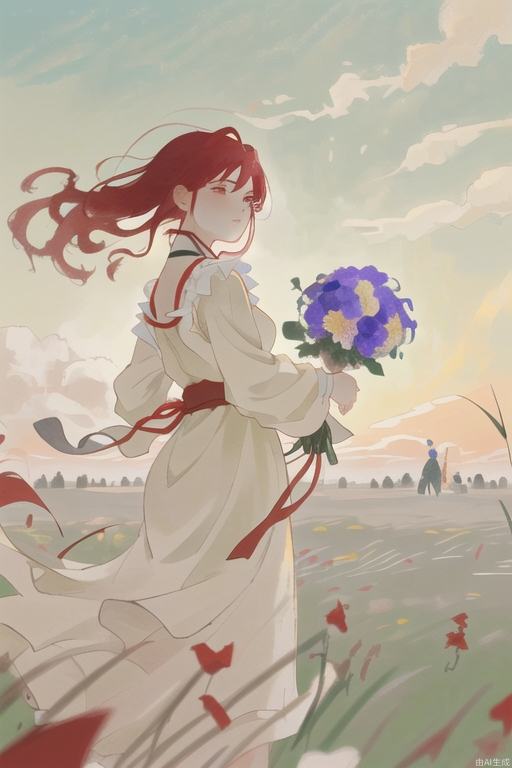 upper body, Create an image of an anime girl with bright red hair, wearing a sundress and holding a bouquet of wildflowers, standing in a field of tall grass with a soft breeze blowing through. The scene should capture the whimsical and carefree style of Sakimichan, with a sense of peace and tranquility in the air.
