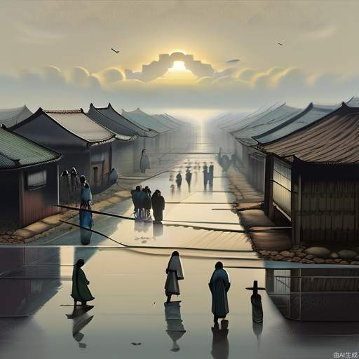 minimalism,Zen aesthetics,Chinese landscape painting,blank, Zen composition,cloud sea,crowded villagers walking and caravans on wet dark ground, they migrate, highly detailed, art by greg rutkowski,