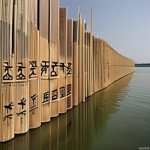 A 50-meter-high row of huge beige bamboo panels are tightly connected, with Chinese characters written on them, forming a wall,Vertical across the center of the lake.