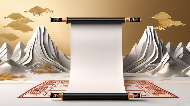 A scroll with Chinese calligraphy, rendered in the style of cinema4d, isometric view, light silver and gold colors, on the ground, with some floating mountains behind it. The background features an ancient style landscape, with a clean white space around the scene. It has exquisite details, a sense of depth, high resolution, and high definition images in an ancient style landscape.