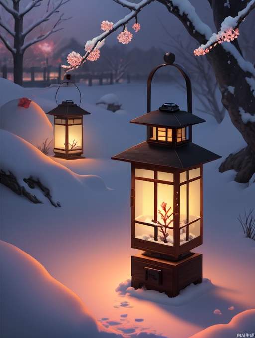 lantern, snow, plum blossoms, best quality, official art, 8k resolution, highly detailed, illustration,