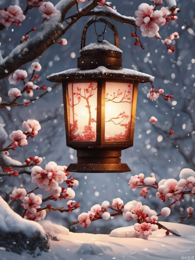 lantern, snow, plum blossoms, best quality, official art, 8k resolution, highly detailed, illustration,