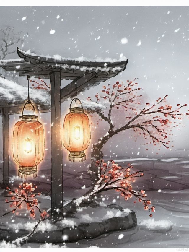 lantern, snow, plum blossoms, best quality, official art, 8k resolution, highly detailed, illustration,