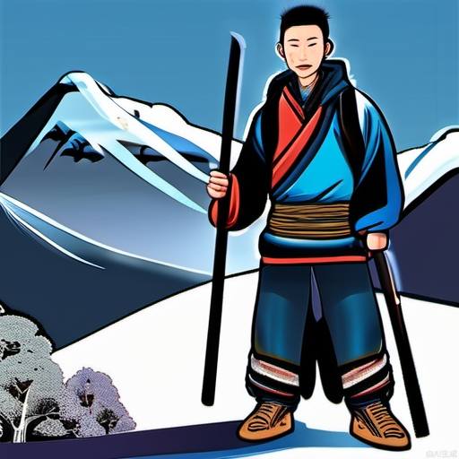 A young man was wearing a blue hoodie, black pants, and black leather boots. He was carrying a black Miao long knife on his back. He stood on the mountain and looked across at the snow-capped mountains. The man next to him was wearing Tibetan robes and holding a prayer wheel.